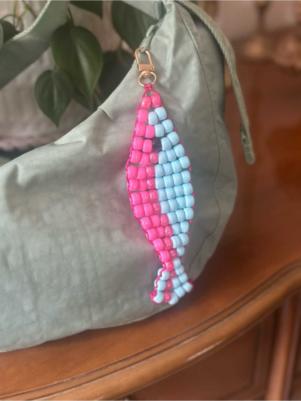 Beaded Pink & Light Blue Fish Keychain Bag Charm - Unbranded